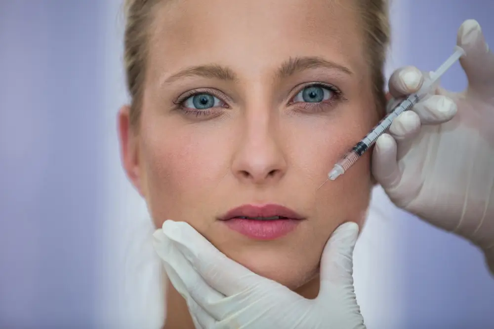 Medical professional administering Botox injection to a woman’s forehead using a syringe to reduce fine lines and wrinkles