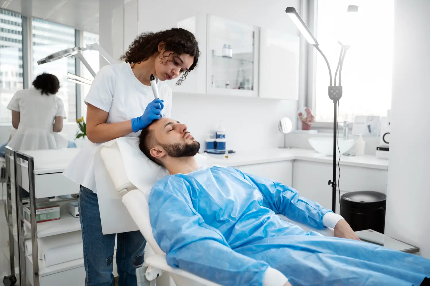 Medical professional performing a forehead treatment on a male patient in a clinical setting, focusing on the Botox injection treatment area.