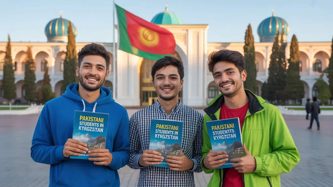 three pakistani boys smmiling and they have small book on which written pakistani students in kyrgyzstan