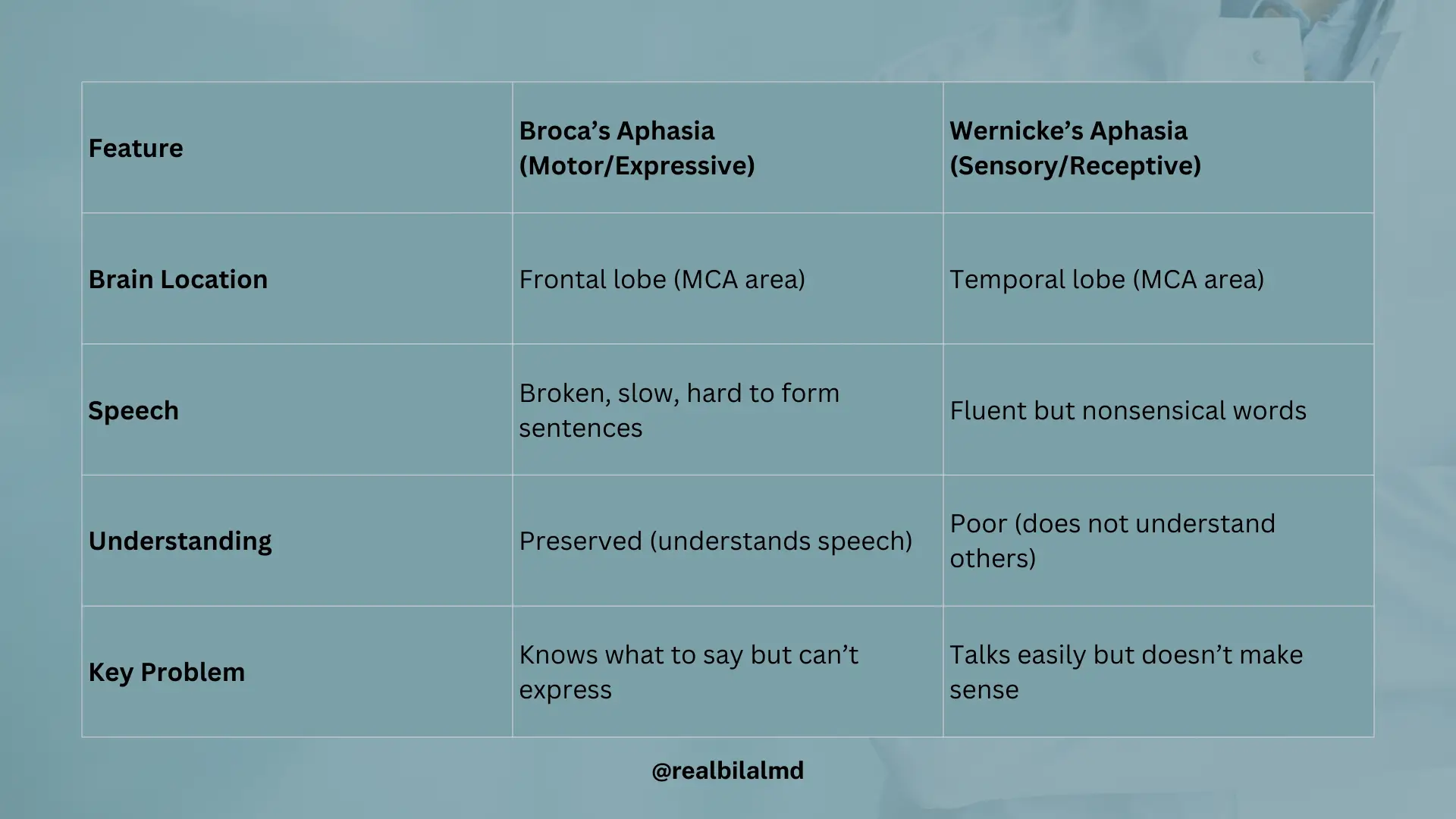 Table comparing Broca’s aphasia and Wernicke’s aphasia with brain location, speech, understanding, and key problems.