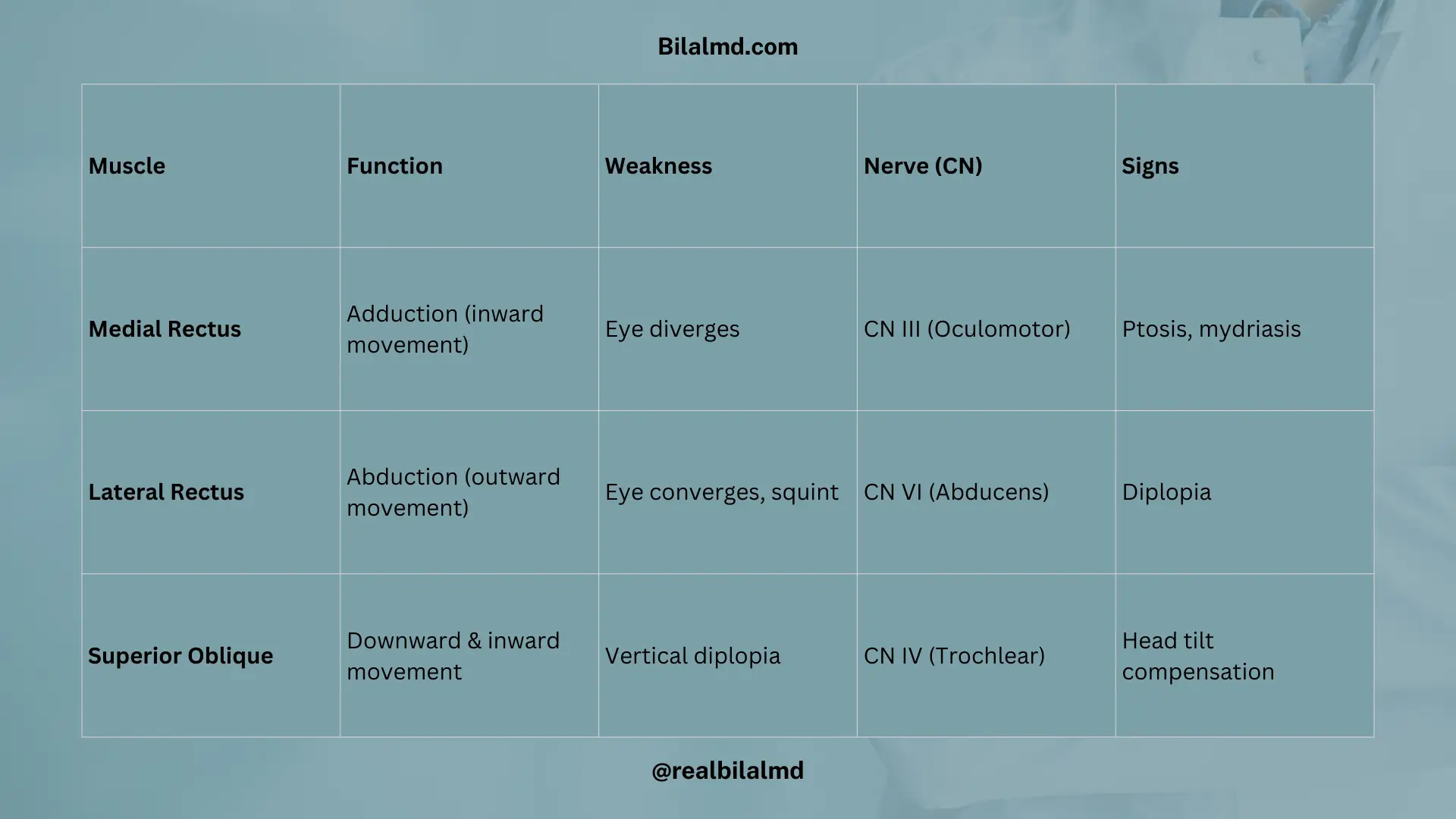 Table of extraocular muscles with function, weakness, nerve supply, and signs