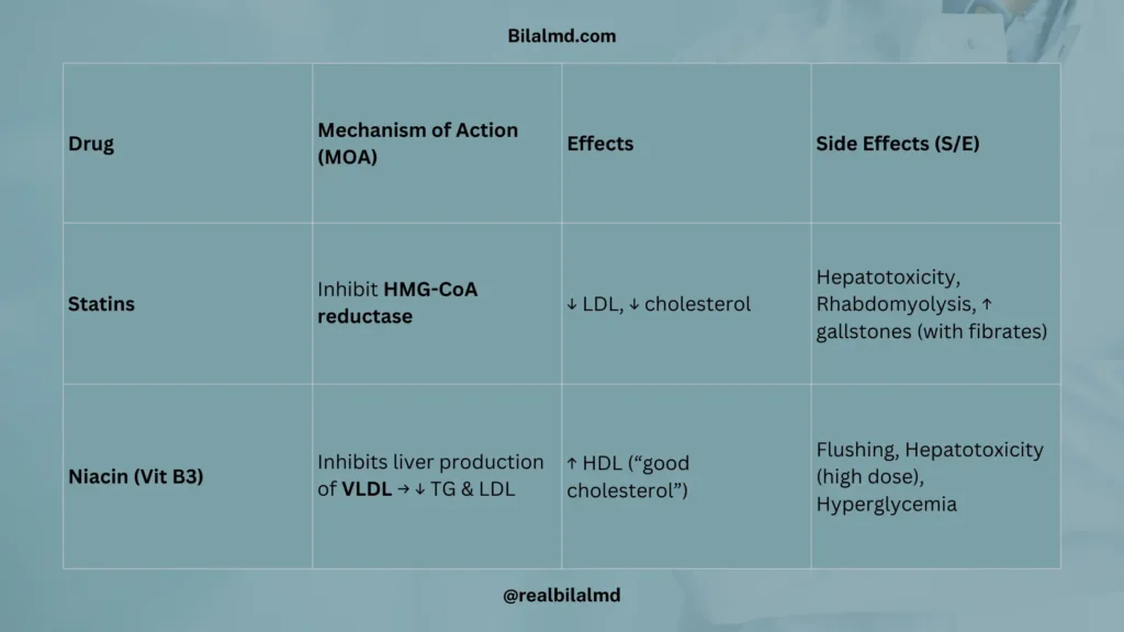 Lipid-lowering drugs: statins and niacin with mechanisms, effects, and side effects.