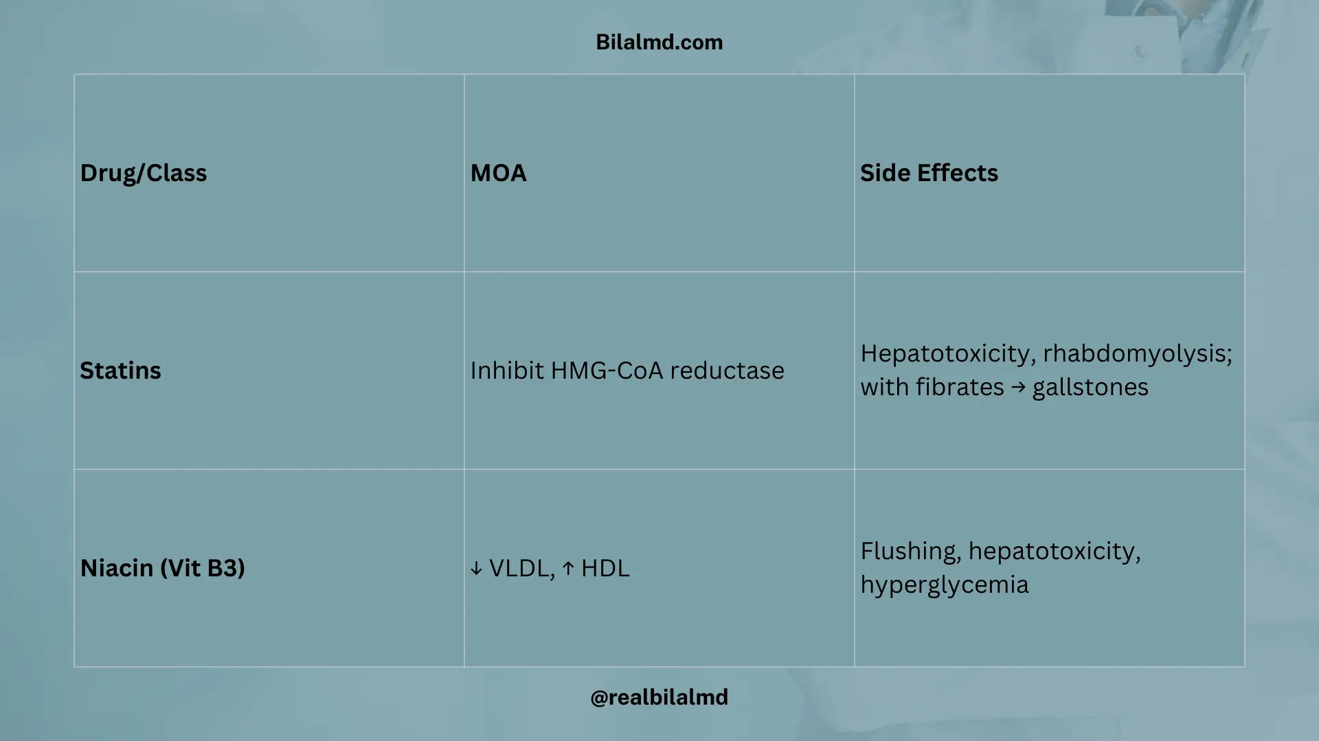 Lipid-lowering drugs: statins and niacin with mechanisms, effects, and side effects.
