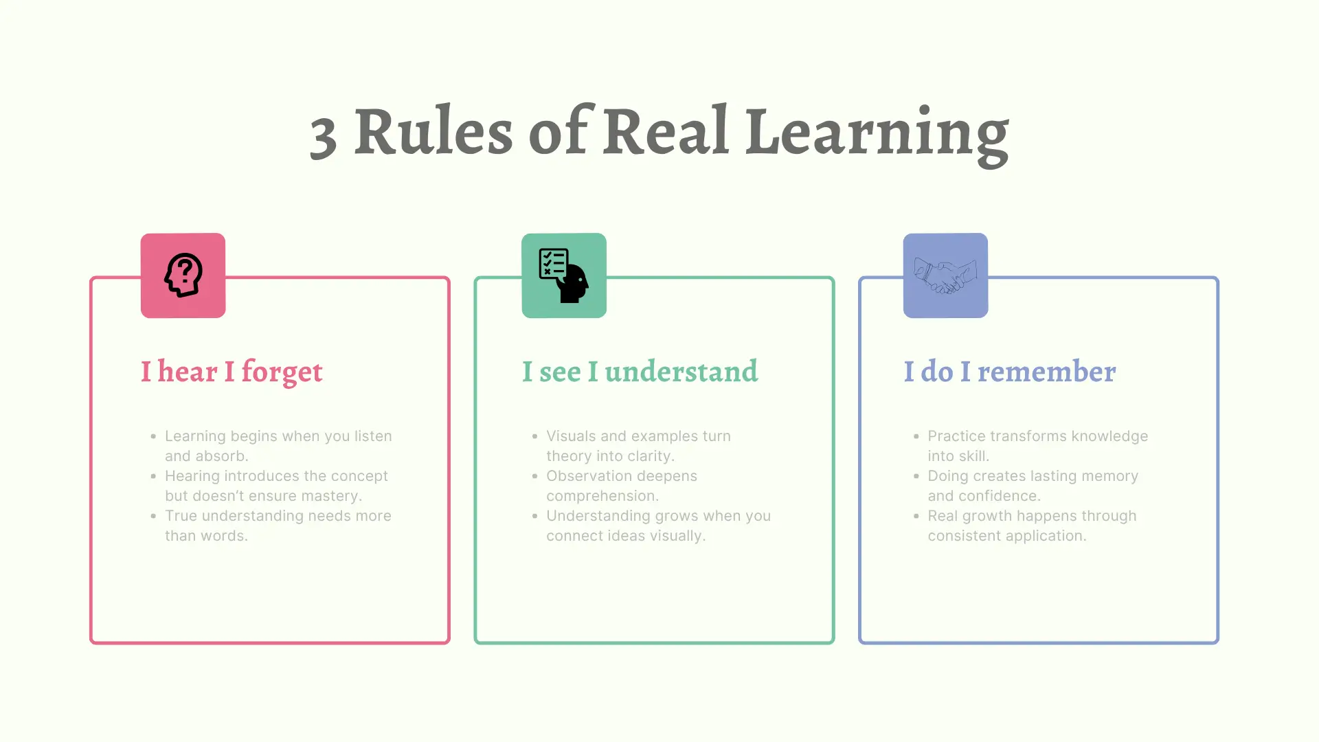 Infographic titled “3 Rules of Real Learning” with three color-coded boxes. The first (pink) box labeled Main Idea symbolizes “I hear — I forget.” The second (green) box labeled Management represents “I see — I understand.” The third (purple) box labeled Scale Up illustrates “I do — I remember.” Each box features small bullet points and matching icons for clarity and visual appeal.