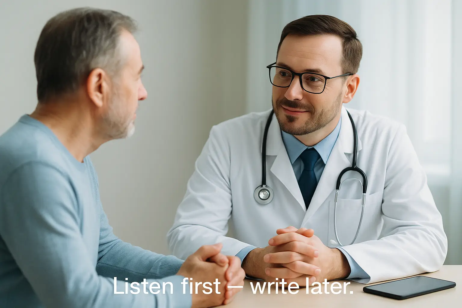 Realistic photo of a doctor and a patient in a bright, modern clinic. The doctor listens attentively with warm eye contact, hands folded, and a tablet placed aside, showing active engagement instead of writing while the patient speaks. Soft natural lighting and pastel blue-white tones convey empathy and trust. Text overlay reads: “Listen first — write later.”