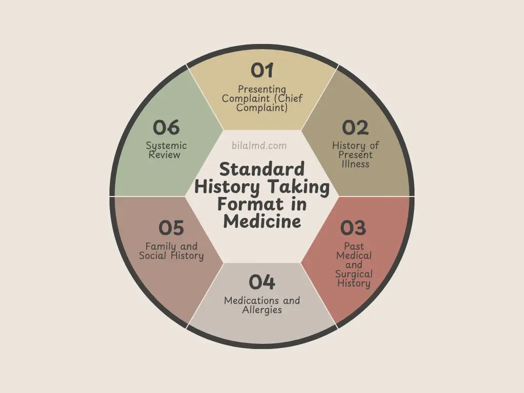 Educational medical infographic illustrating the Standard History Taking Format in Medicine. Lists key sections for clinical documentation: Presenting Complaint (Chief Complaint), History of Present Illness (HPI), Past Medical and Surgical History, Medications and Allergies, Family and Social History, and Systemic Review (Review of Systems). Designed in a clean, professional style with pastel blue and white tones, suitable for medical teaching or clinical training.