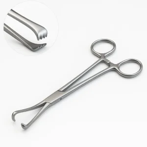 Hyper-realistic image of stainless steel Allis tissue forceps with ring handles, ratchet lock, and serrated interlocking jaws, displayed diagonally on a clean white medical background with polished metallic reflections.