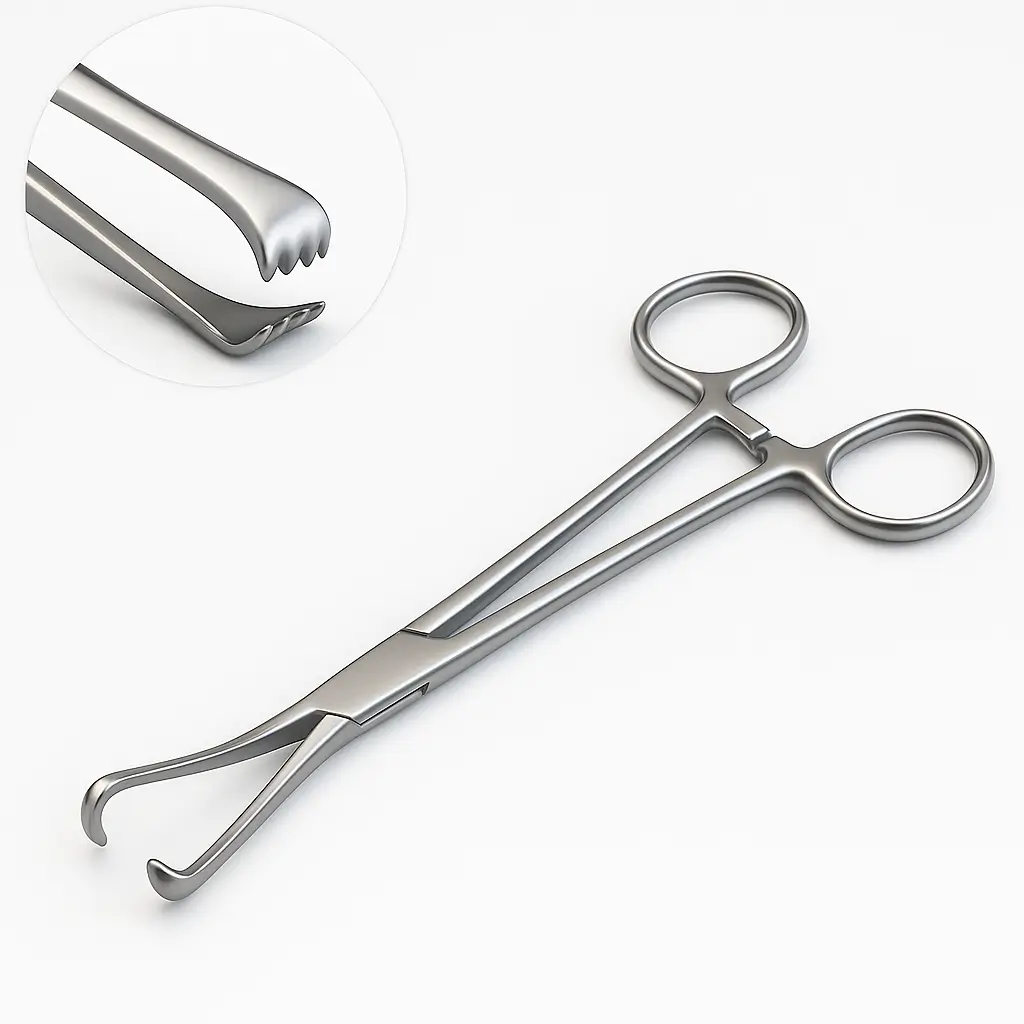 Hyper-realistic image of stainless steel Allis tissue forceps with ring handles, ratchet lock, and serrated interlocking jaws, displayed diagonally on a clean white medical background with polished metallic reflections.