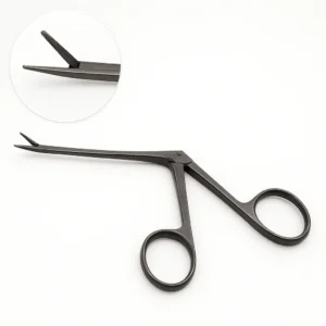 Hyper-realistic image of stainless steel crocodile forceps with long slender shaft, ring handles, and serrated jaws at the tip, displayed diagonally on a clean white background with an inset close-up showing fine jaw details under soft clinical lighting.