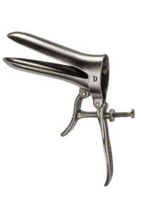 Hyper-realistic stainless steel Cusco’s vaginal speculum with adjustable screw and lever mechanism, displayed on a clean white background with polished metallic reflections.