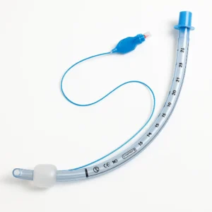 Hyper-realistic image of a transparent endotracheal tube with blue connector, pilot balloon, and cuff, displayed on a pure white sterile background with soft clinical lighting and no extra markings or lines.