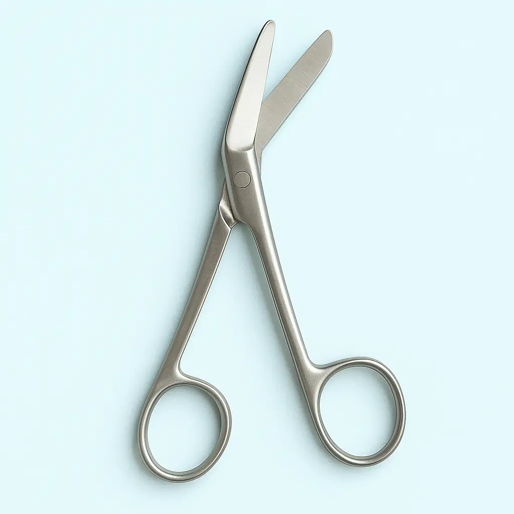 Hyper-realistic stainless steel episiotomy scissors with angled blades and ring handles, displayed on a light blue sterile background with smooth matte metallic texture and surgical lighting.