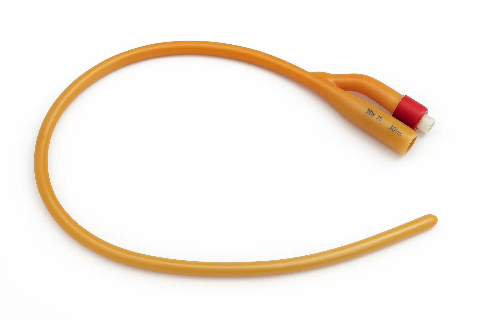 Hyper-realistic image of a Foley catheter made of amber latex with a red connector and smooth balloon tip, displayed in a natural curve on a white sterile background under soft clinical lighting.