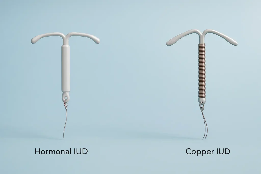 Hyper-realistic digital image showing two intrauterine devices: a hormonal IUD with a smooth white plastic body on the left and a copper IUD with copper wire coiled around its stem on the right, both displayed on a clean white background with detailed textures and soft medical lighting.