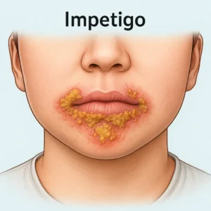 Medical illustration showing impetigo infection around the mouth, featuring honey-colored crusted lesions in a non-realistic dermatology diagram style on a neutral background for educational use.