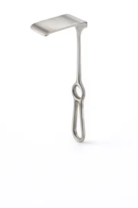 Hyper-realistic image of a Morris retractor made of polished stainless steel with a flat blade and looped handle, displayed on a clean white clinical background under soft surgical lighting.