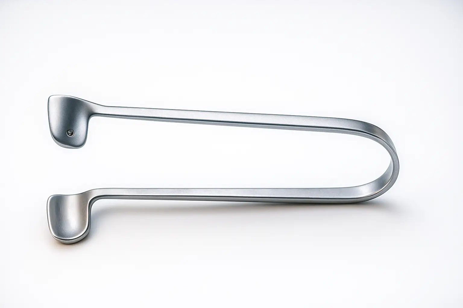 Hyper-realistic stainless steel nasal speculum featuring twin-blade design and curved spring handle, displayed diagonally on a clean white background with polished metallic reflections and surgical lighting.