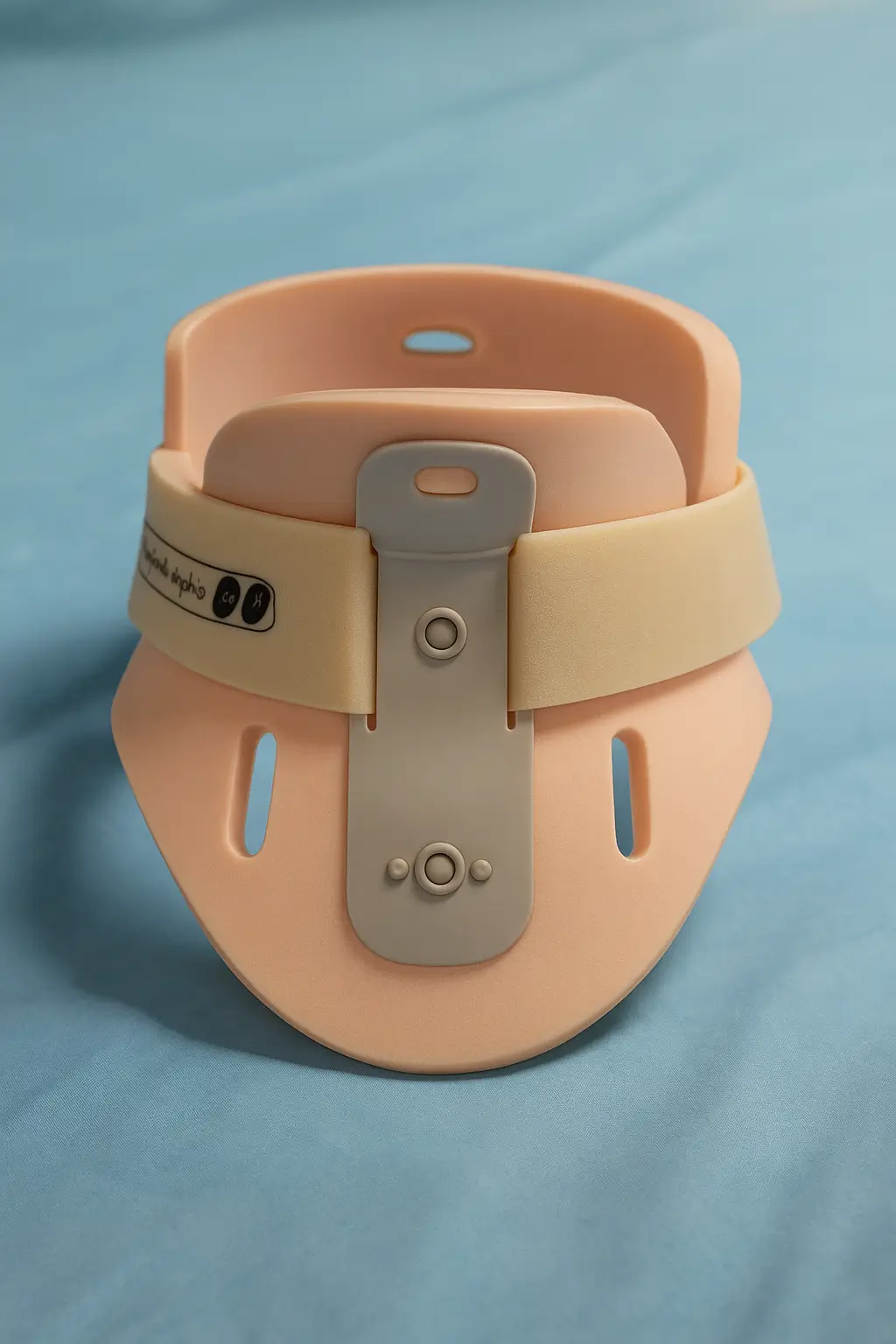 Hyper-realistic image of a Philadelphia cervical collar made of peach-colored rigid foam with beige adjustable straps and a central gray support plate, placed on a soft blue surgical drape under diffused clinical lighting.