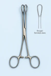 Hyper-realistic image of stainless steel sponge holding forceps with straight serrated jaws, ratchet lock, and ring handles on a light blue clinical background.