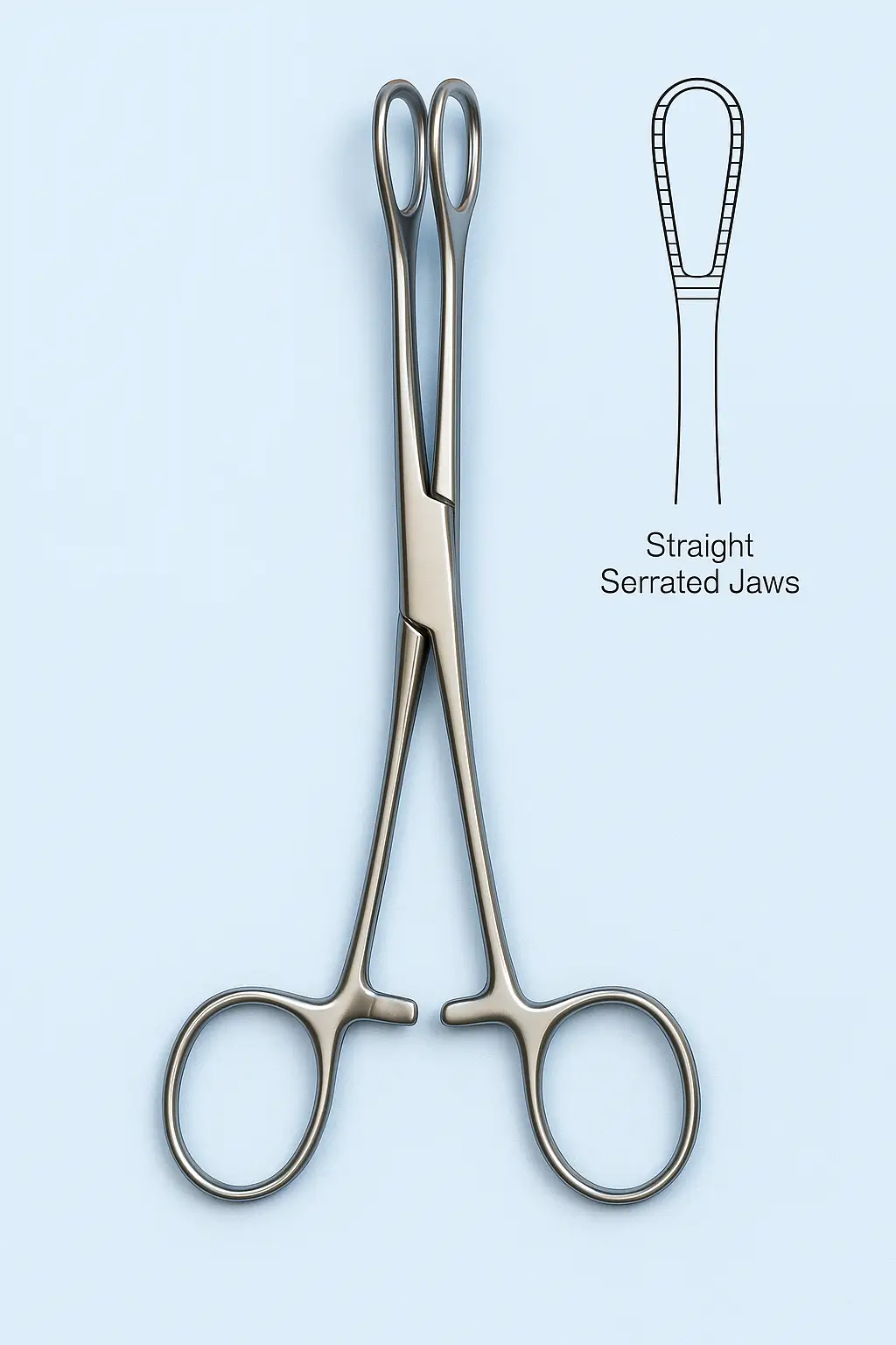 Hyper-realistic image of stainless steel sponge holding forceps with straight serrated jaws, ratchet lock, and ring handles on a light blue clinical background.