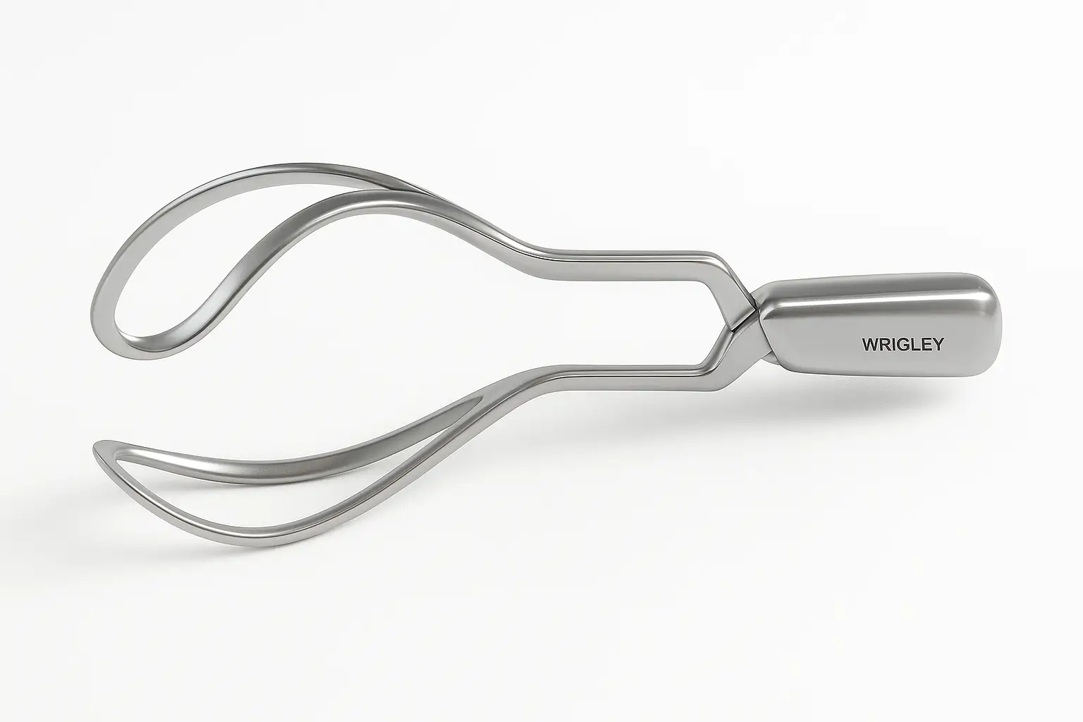 Hyper-realistic image of stainless steel Wrigley outlet forceps with curved blades and polished handle, displayed diagonally on a clean white background under soft surgical lighting.
