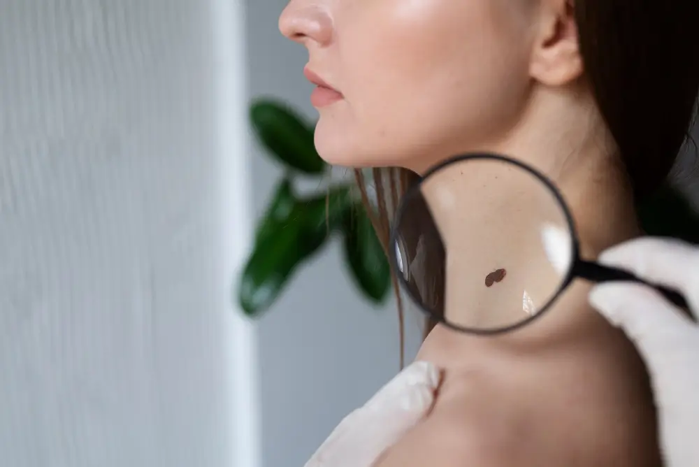 Dermatologist examining a brown mole or wart on a woman’s neck with a magnifying glass — concept of warts and skin tags diagnosis, skin check, and early detection of abnormal growths