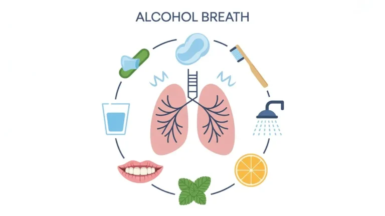 Infographic showing alcohol breath with lungs in the center surrounded by remedies like water, toothbrush, gum, shower, mint, citrus, and fresh breath icons.