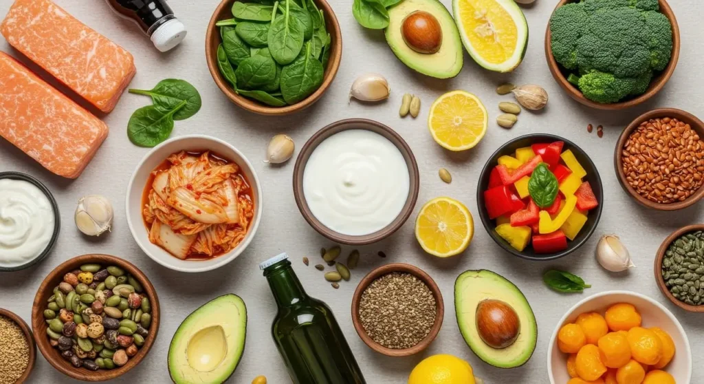 A variety of nutritious foods including salmon, spinach, yogurt, kimchi, avocado, lemon, and mixed seeds, illustrating a well-rounded balanced diet.