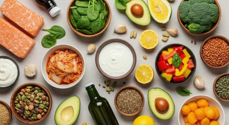 A variety of nutritious foods including salmon, spinach, yogurt, kimchi, avocado, lemon, and mixed seeds, illustrating a well-rounded balanced diet.