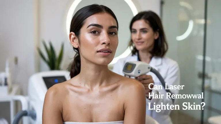 A realistic dermatology clinic photo showing a smiling woman with smooth, glowing skin after laser hair removal; a dermatologist holding a laser device in soft natural lighting, representing the question ‘Can Laser Hair Removal Lighten Skin?’ — clean aesthetic, white and beige tones.