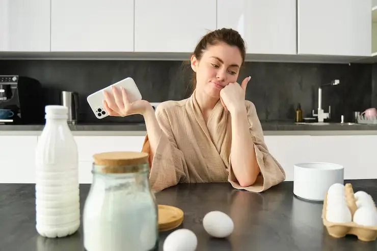 Young woman in the kitchen holding a recipe book and mixing dough, planning healthy meals that can include protein-rich foods for hair health.