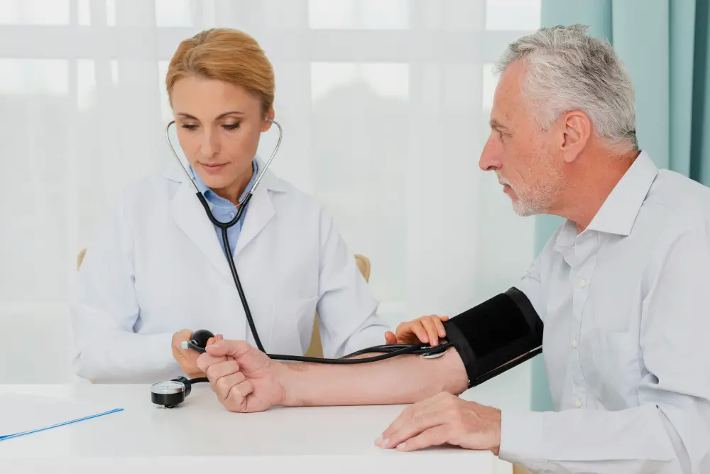 Doctor measuring blood pressure of an elderly patient during a health checkup in a medical clinic.