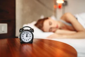 An alarm clock on a bedside table with a woman sleeping in the background, representing how much sleep people need for better productivity and health.