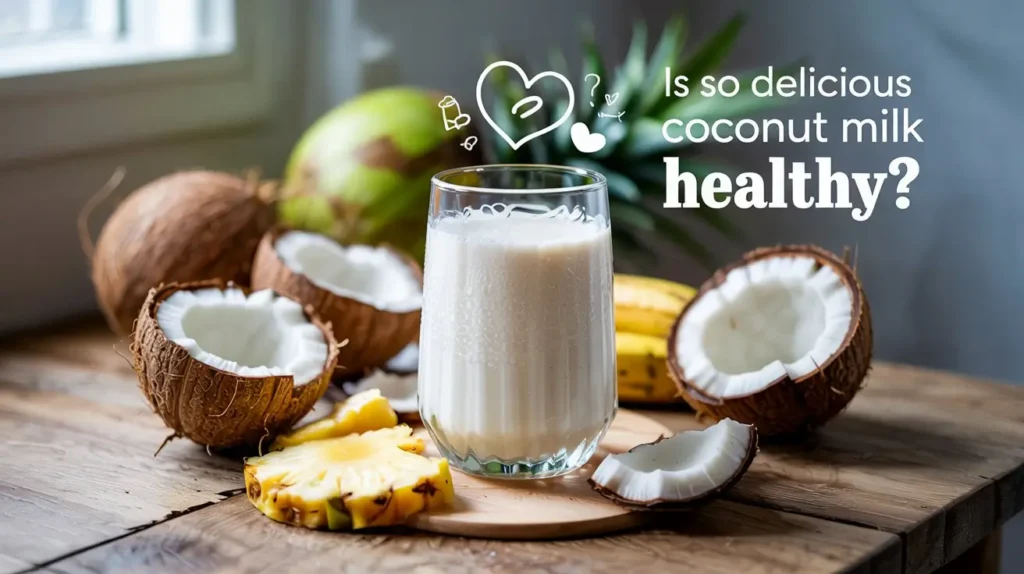 A glass of So Delicious coconut milk surrounded by fresh coconuts, green leaves, and tropical fruits on a bright table, symbolizing healthy plant-based nutrition.