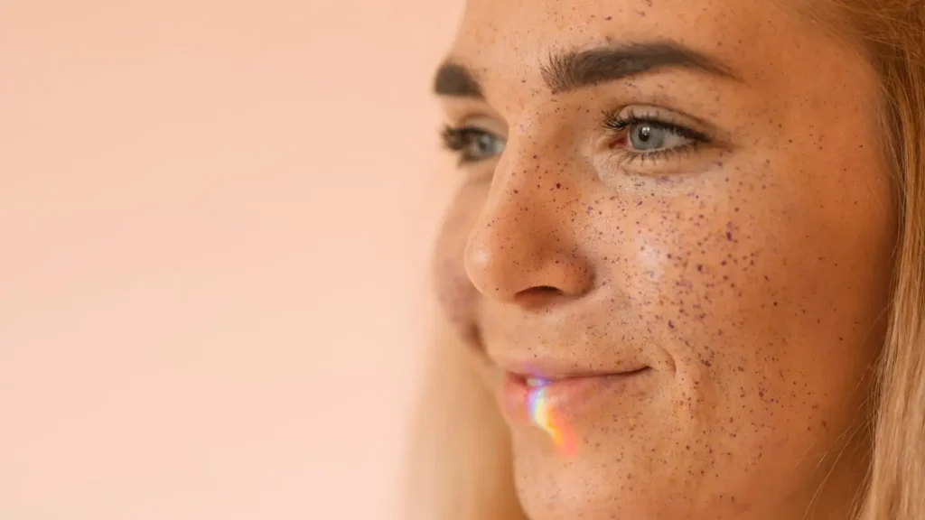 Close-up portrait of a woman’s face with visible freckles and natural skin texture, representing individuals with sensitive or pigmented skin types who are most at risk for light or dark patches after laser hair removal.
