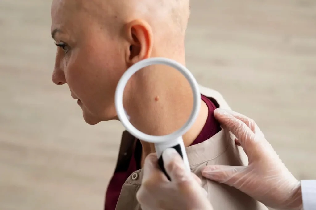 A dermatologist examining a small skin tag on a patient’s neck with a magnifying glass during a skin check.