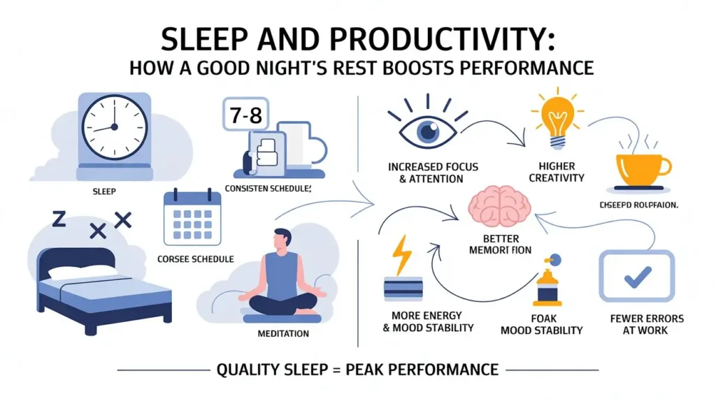 Infographic showing how good sleep improves productivity by boosting focus, creativity, memory, and overall performance.