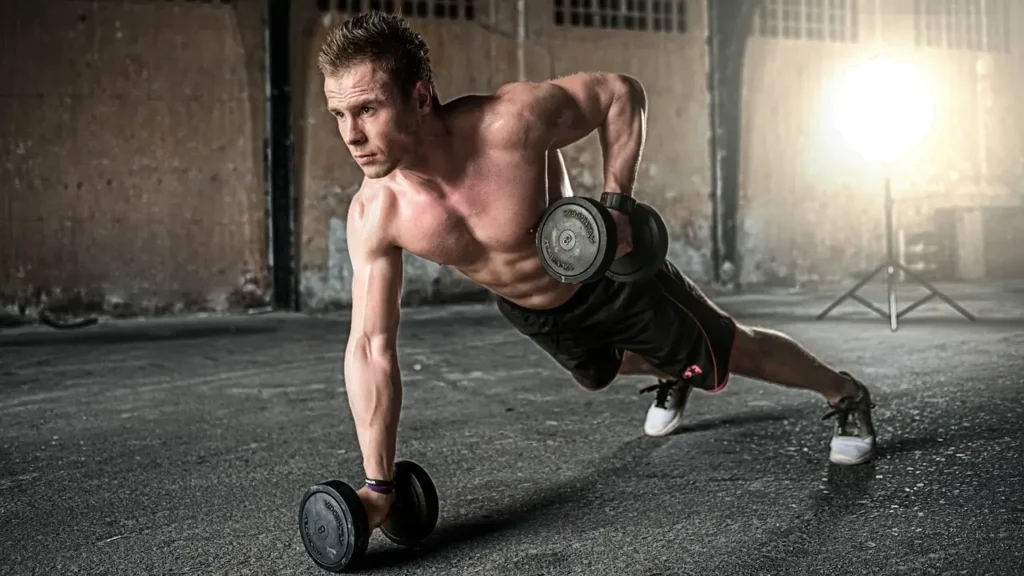 A man performing a strength training exercise with dumbbells, engaging in a push-up-like movement for building upper body strength in a gym setting.