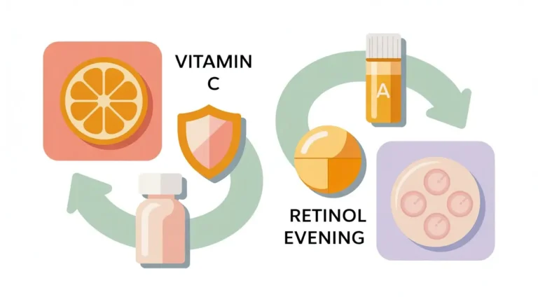 Infographic showing how to use vitamin C in the morning and retinol in the evening, with icons of serum bottles, citrus, shield, capsules, and skin cells.