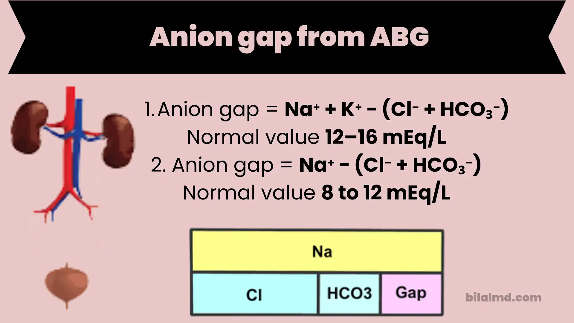 “Anion gap calculator diagram showing how to calculate anion gap from ABG values using sodium, chloride, bicarbonate (with or without potassium), including formulas and normal ranges, illustrated with electrolyte and kidney visuals.”