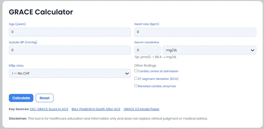 GRACE Calculator for acute coronary syndrome showing age, heart rate, blood pressure, creatinine, Killip class, and ECG findings input fields