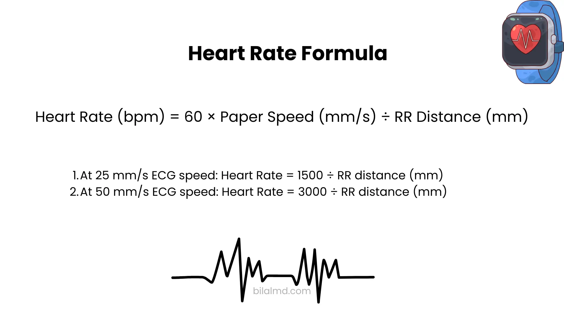 Heart rate calculation formula from ECG showing heart rate equals sixty multiplied by paper speed in millimeters per second divided by RR distance in millimeters, with examples for twenty five and fifty millimeters per second ECG speed.