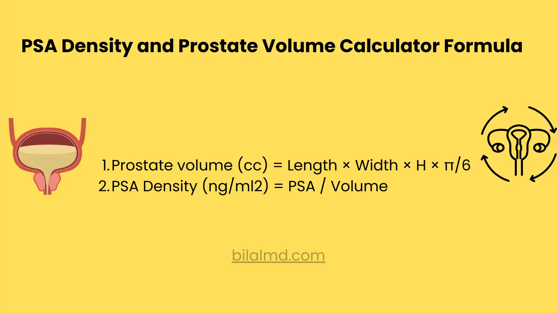 PSA Density and Prostate Volume Calculator formula showing prostate volume calculation using the ellipsoid method and PSA density formula (PSA divided by prostate volume).