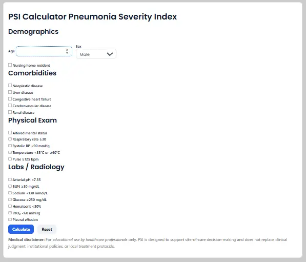 PSI Calculator interface for pneumonia severity index showing patient demographics, comorbidities, physical exam findings, labs, and calculation options