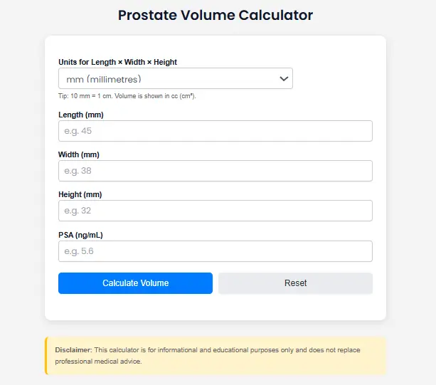 Prostate Volume Calculator interface showing fields for prostate dimensions and PSA input to calculate prostate volume and PSA density.