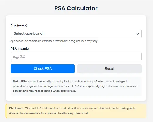 PSA Calculator interface showing age selection and PSA input to assess prostate-specific antigen levels.