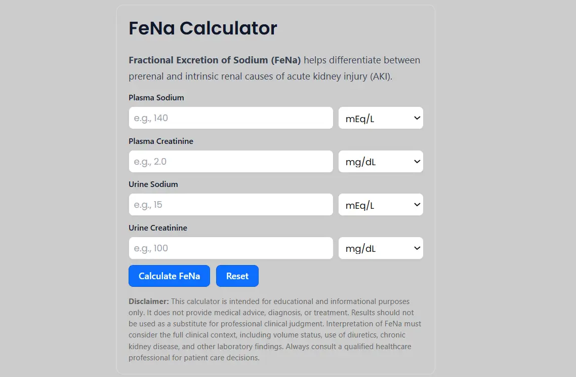 Free water deficit calculator showing inputs for sodium, body weight, and water deficit calculation in hypernatremia