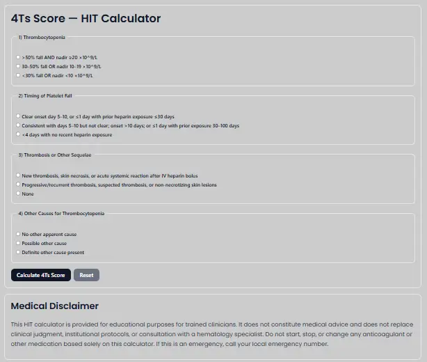 4Ts Score HIT Calculator interface showing thrombocytopenia criteria, timing of platelet fall, thrombosis findings, and other causes with selectable options and a calculate score button.