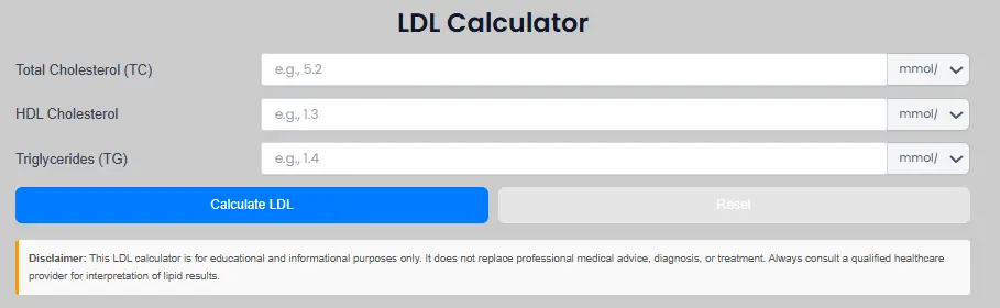LDL Calculator interface for calculating LDL cholesterol using total cholesterol, HDL, and triglycerides