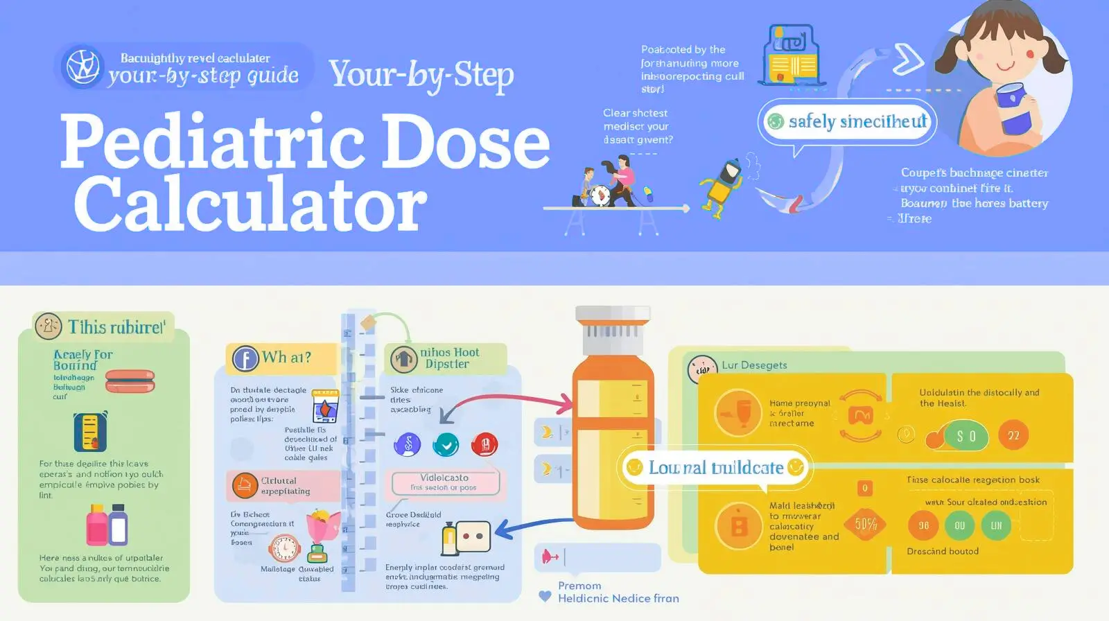 “Illustrated step by step guide for a pediatric dose calculator, showing how to calculate safe medicine dosage for children using weight based inputs, dosage charts, and visual icons of medicines, syringes, and safety checks.”